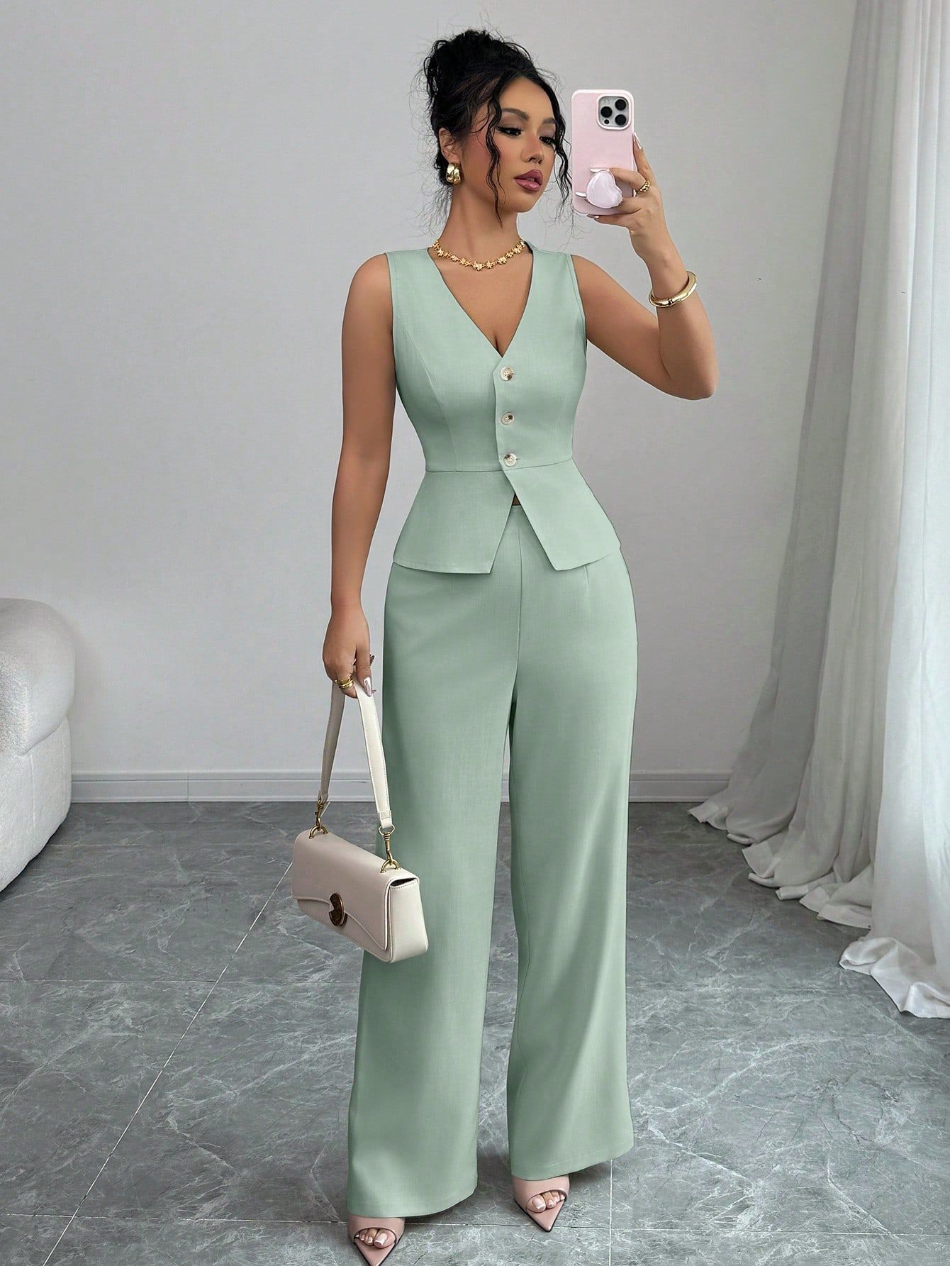 Summer Sleeveless Suit Slim V-neck Vest And High Waist Trousers Women's Two-piece Set