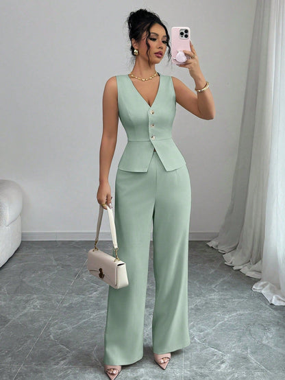 Summer Sleeveless Suit Slim V-neck Vest And High Waist Trousers Women's Two-piece Set