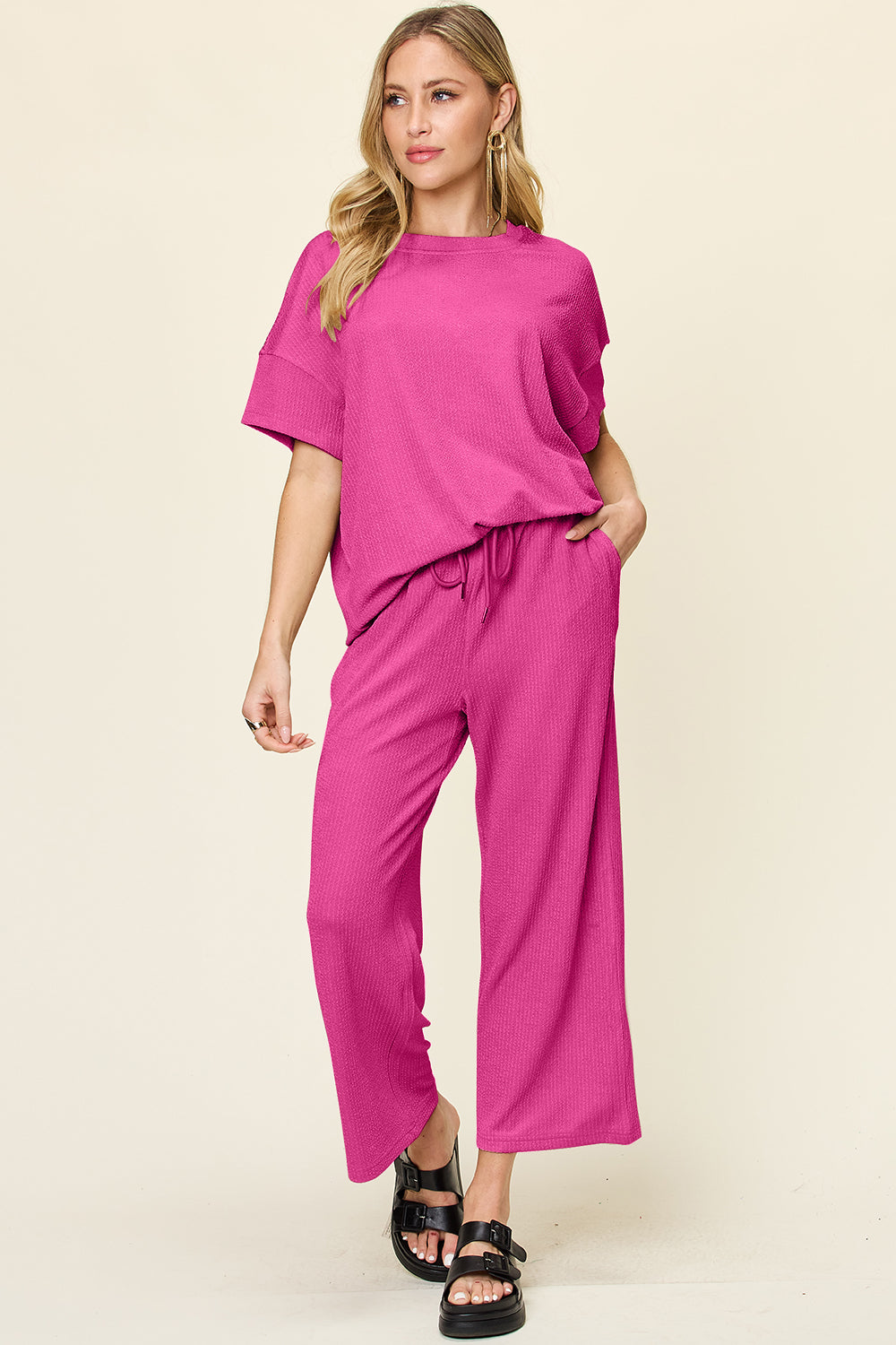 Double Take Full Size Texture Round Neck Short Sleeve T-Shirt and Wide Leg Pants – product image 19