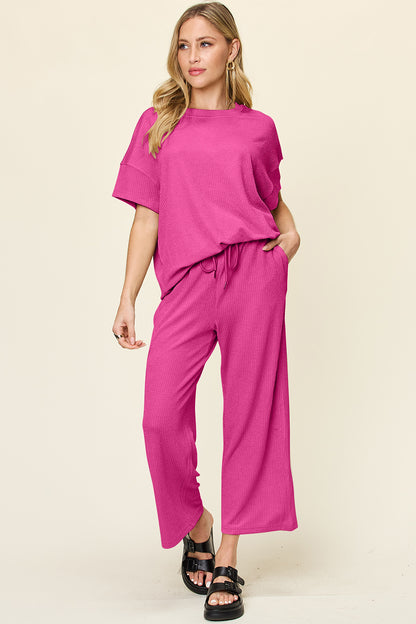 Double Take Full Size Texture Round Neck Short Sleeve T-Shirt and Wide Leg Pants – product image 19