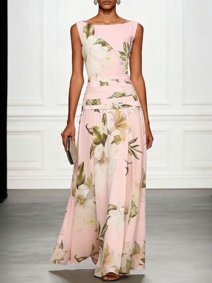 Sexy V-neck Retro Floral Print Women Dress Sleeveless Backless Waist Slim Long Dress
