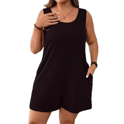 Solid-color Sleeveless Jumpsuit Casual Pocketed Crew-neck Romper