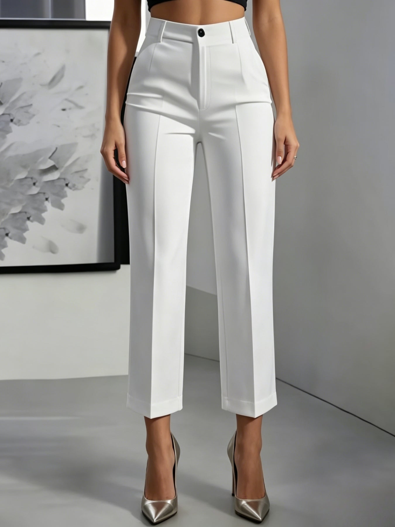 Womens Solid-Color High-Waisted Drapey Straight-Leg Minimalist Trousers