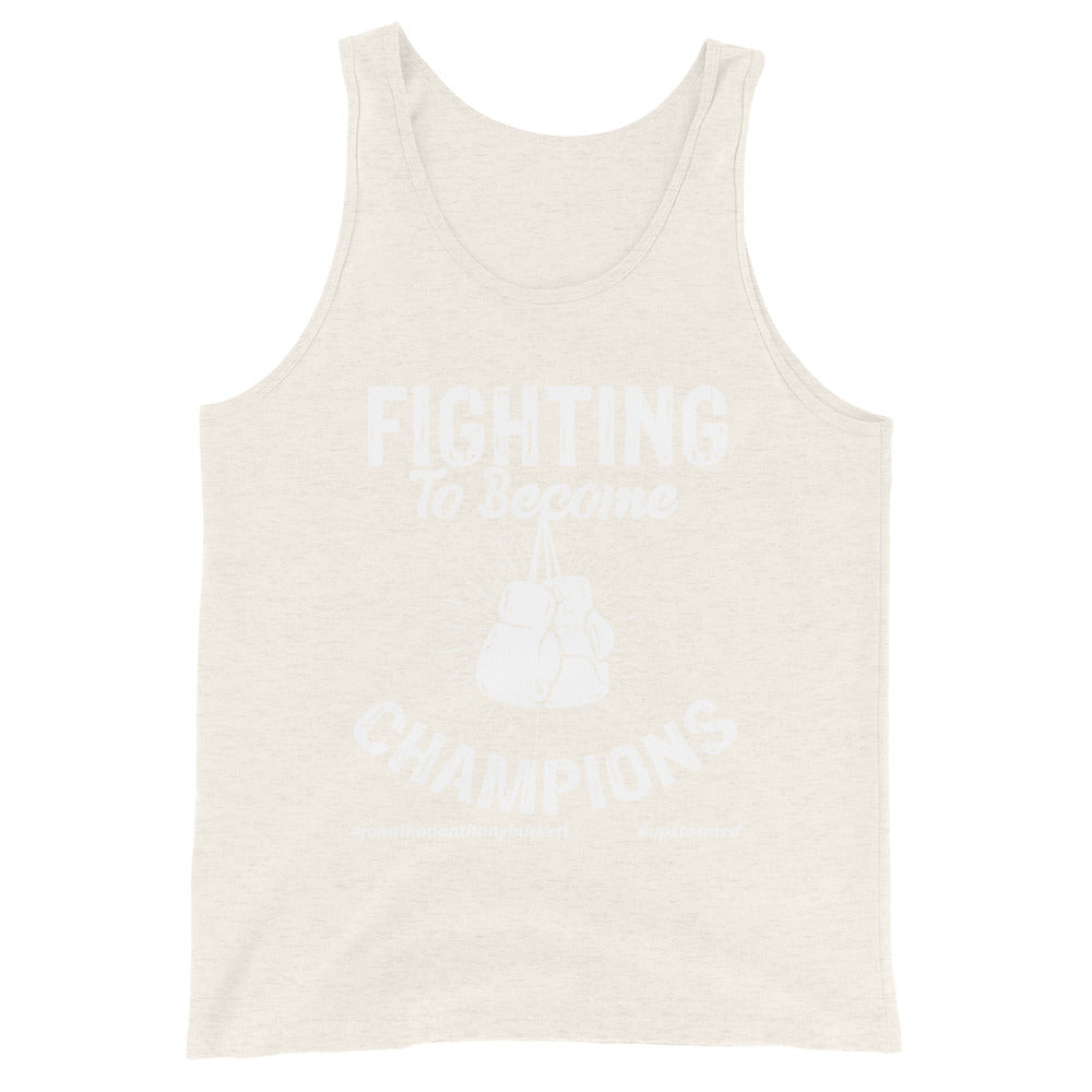 Fighting To Become Champions Upstormed Tank Top in Oatmeal Triblend — front view