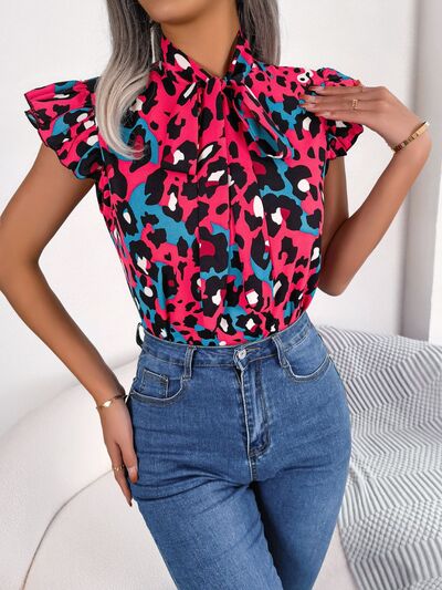 Leopard Tie Neck Cap Sleeve Blouse – product image 4