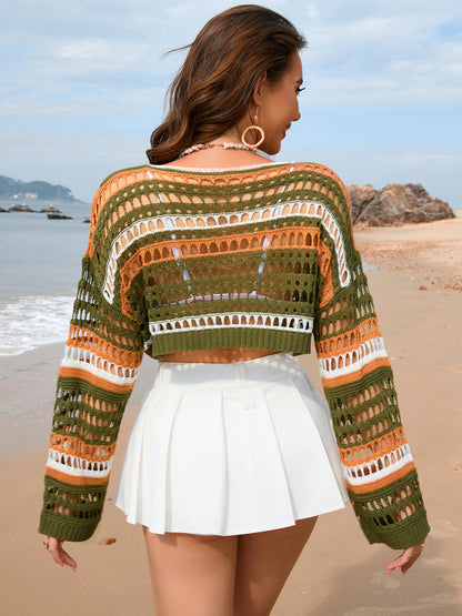 Openwork Boat Neck Dropped Shoulder Cover-Up – product image 7