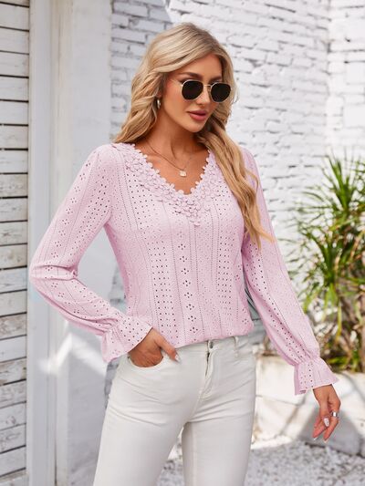 Applique V-Neck Flounce Sleeve T-Shirt – product image 17