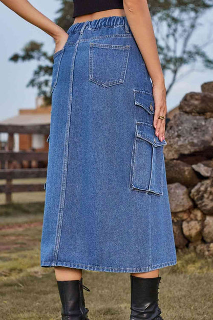 Slit Front Midi Denim Skirt with Pockets – product image 2
