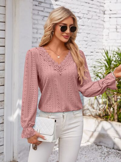 Applique V-Neck Flounce Sleeve T-Shirt – product image 14