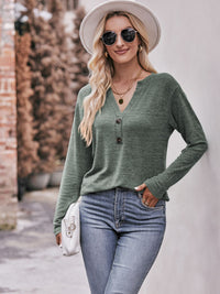 Buttoned Notched Neck Long Sleeve Top