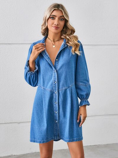 Button Up Flounce Sleeve Mini Denim Dress – product image 4