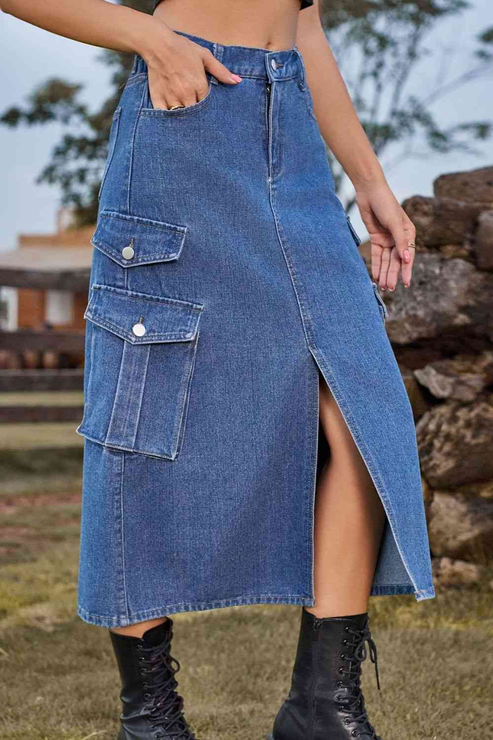 Slit Front Midi Denim Skirt with Pockets – product image 3
