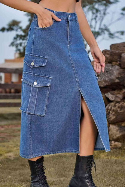 Slit Front Midi Denim Skirt with Pockets – product image 3
