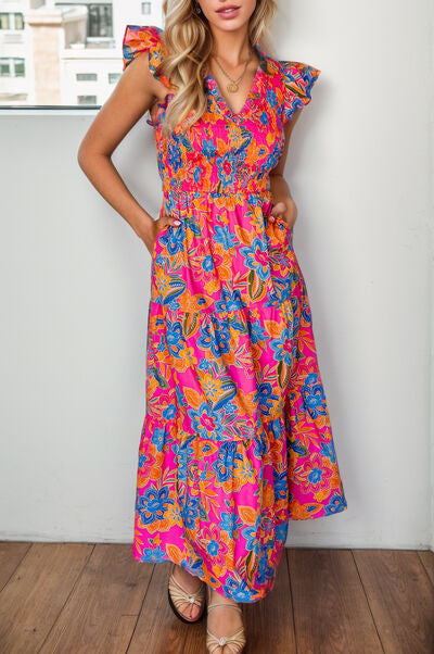 v neck cap sleeve midi dress Printed V-Neck Cap Sleeve Pocketed Midi Dress – Upstormed Apparel