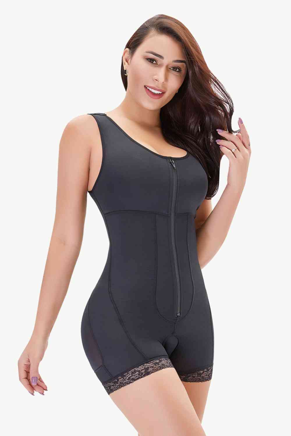 Full Size Zip-Up Scoop Neck Lace Trim Shapewear – product image 5