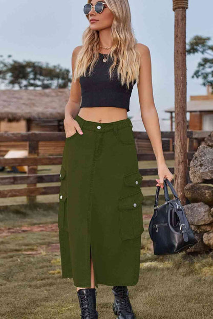 Slit Front Midi Denim Skirt with Pockets – product image 12