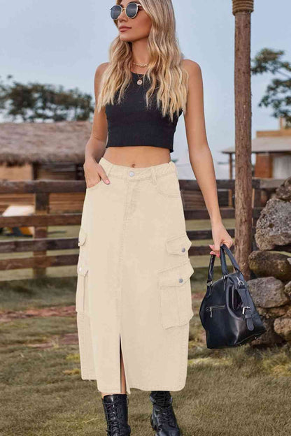 Slit Front Midi Denim Skirt with Pockets – product image 8