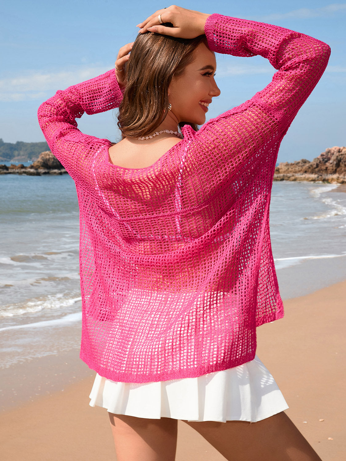 Openwork Slit Boat Neck Long Sleeve Cover-Up – product image 7
