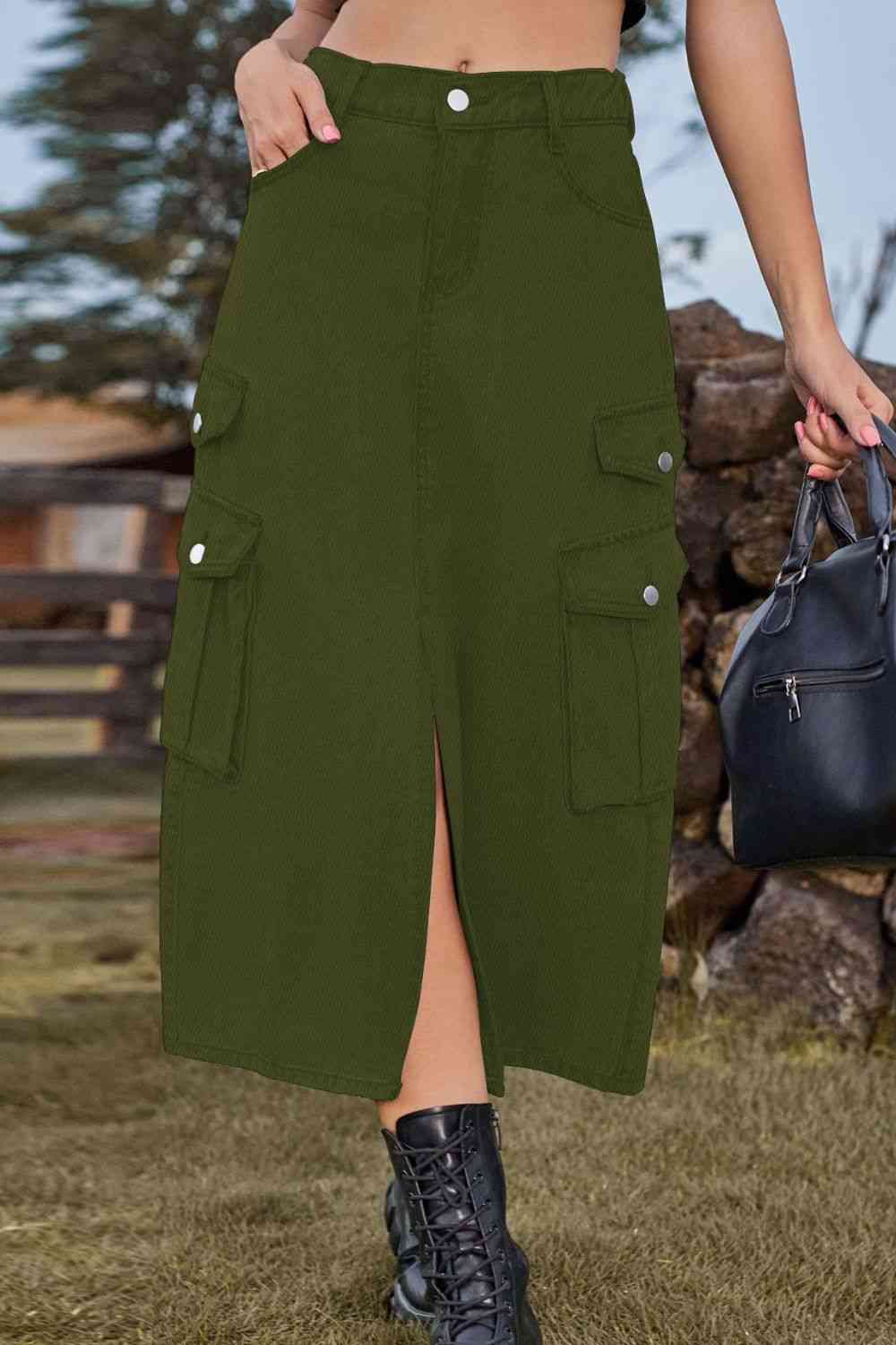 Slit Front Midi Denim Skirt with Pockets – product image 9