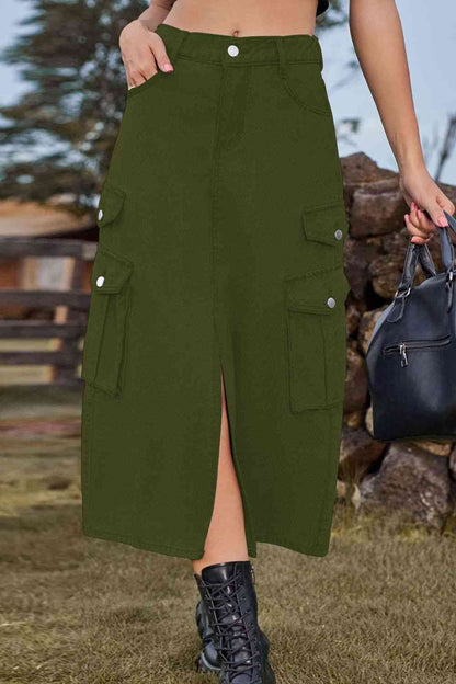 Slit Front Midi Denim Skirt with Pockets – product image 9