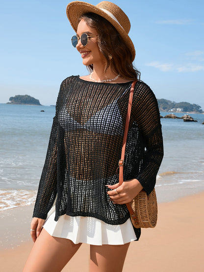 Openwork Slit Boat Neck Long Sleeve Cover-Up – product image 13