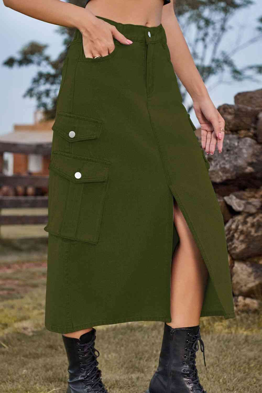 Slit Front Midi Denim Skirt with Pockets – product image 10