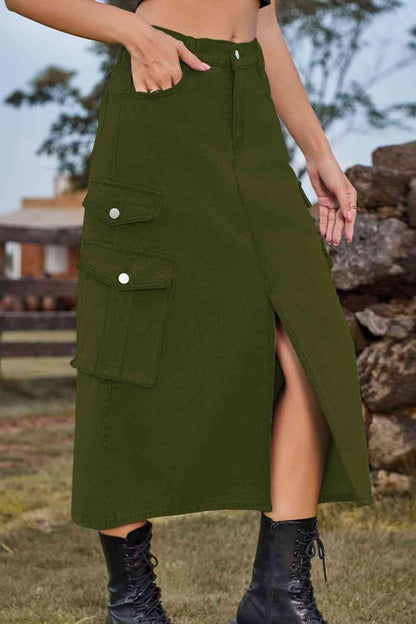 Slit Front Midi Denim Skirt with Pockets – product image 10