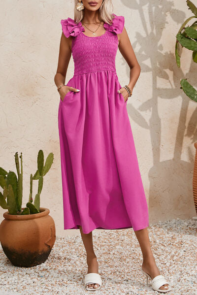 Smocked Ruffled Scoop Neck Midi Dress – product image 1