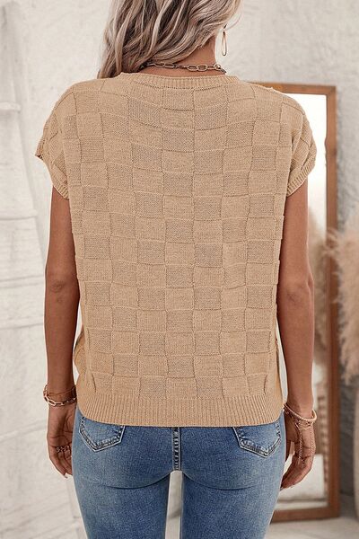 Pocketed Checkered Round Neck Knit Top – product image 8