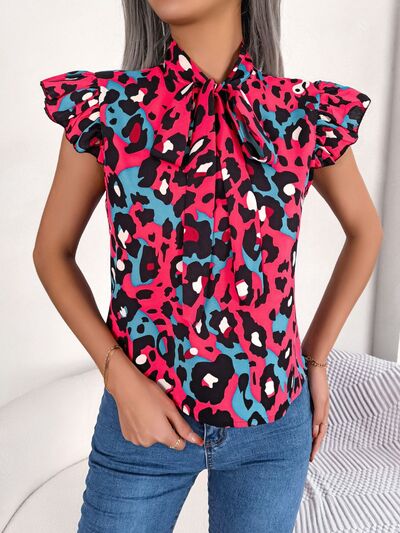 Leopard Tie Neck Cap Sleeve Blouse – product image 1