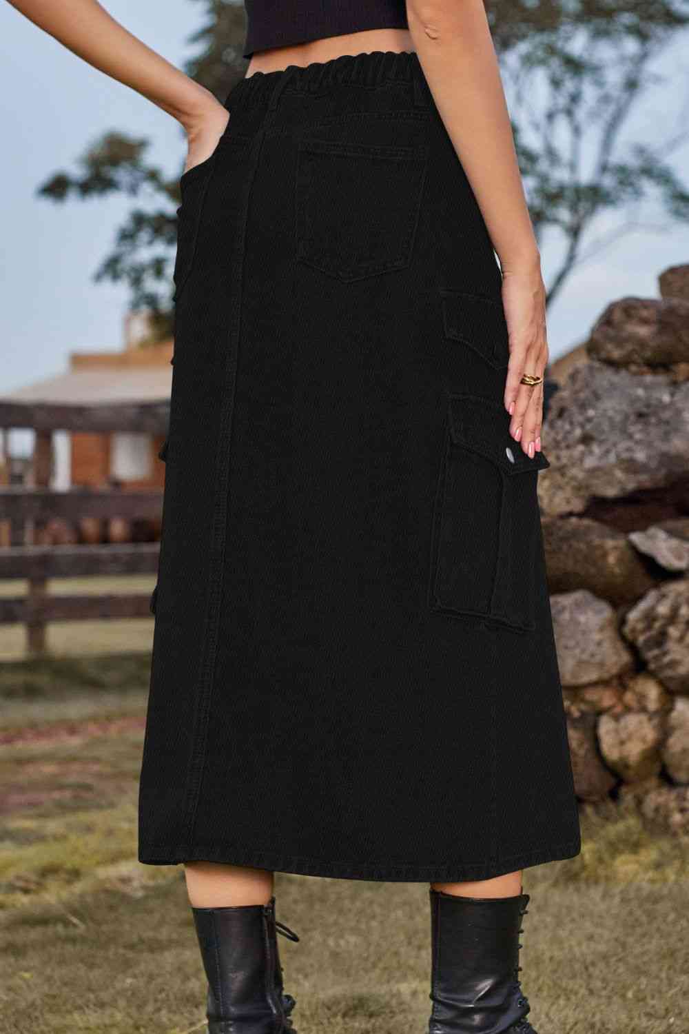 Slit Front Midi Denim Skirt with Pockets – product image 15