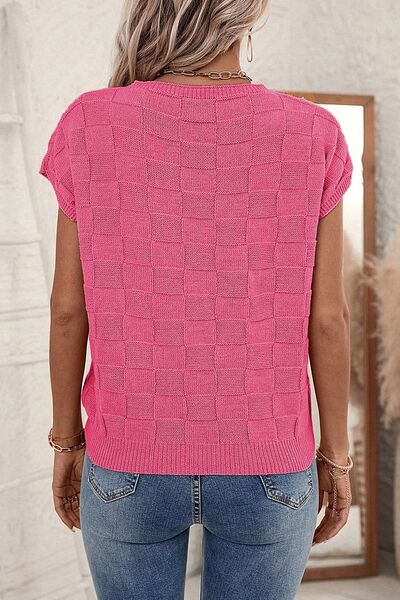 Pocketed Checkered Round Neck Knit Top – product image 4