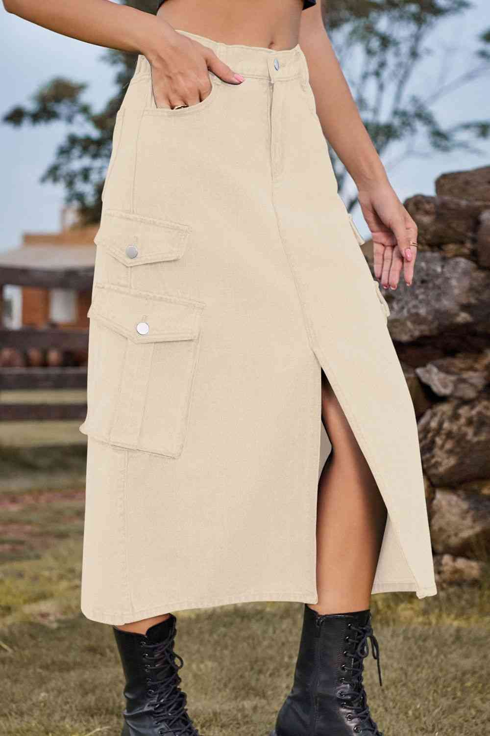 Slit Front Midi Denim Skirt with Pockets – product image 6