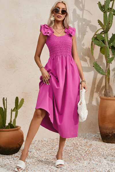 Smocked Ruffled Scoop Neck Midi Dress – product image 3