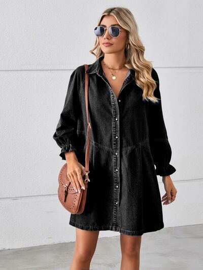 Button Up Flounce Sleeve Mini Denim Dress – product image 1