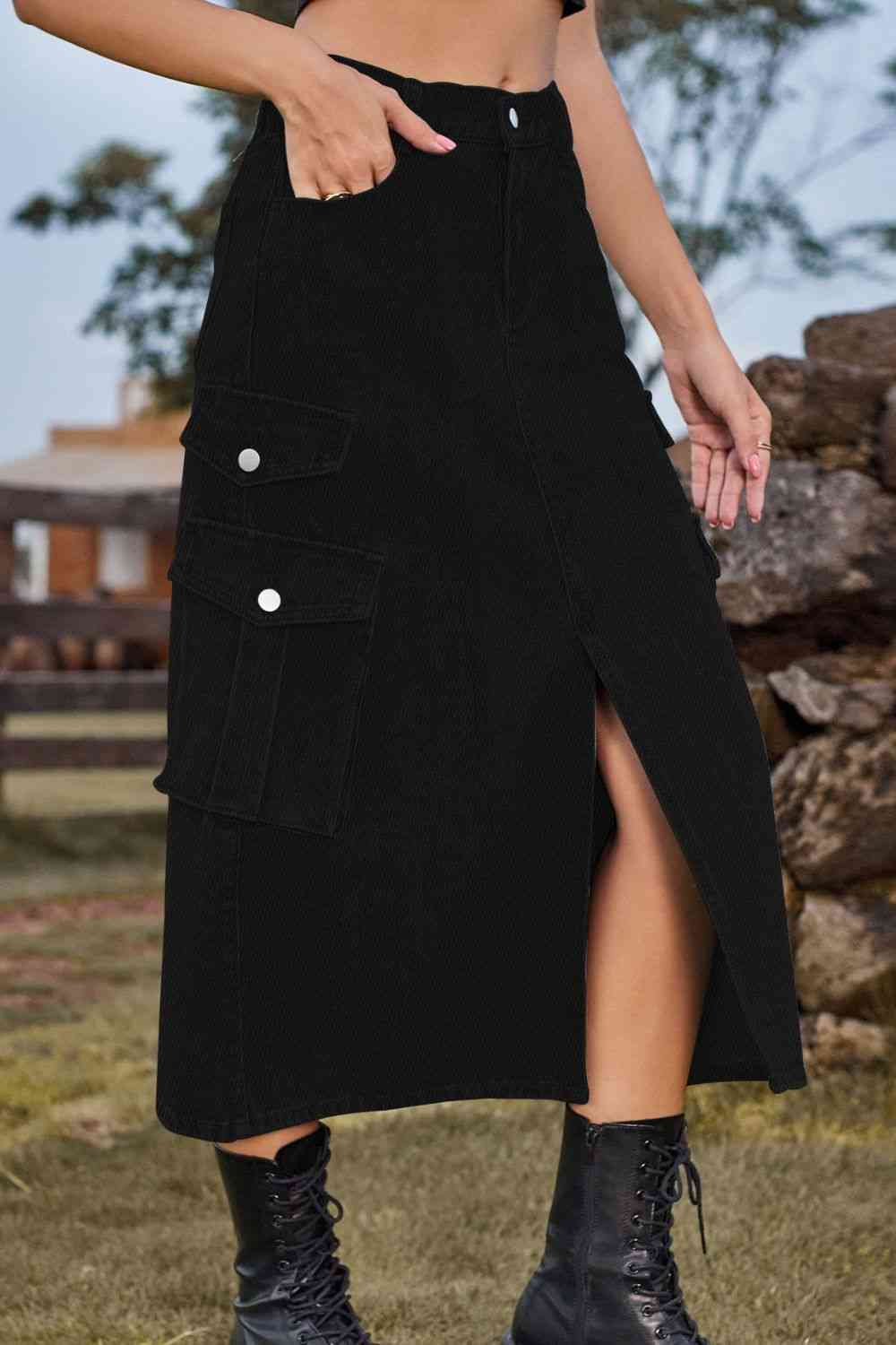 Slit Front Midi Denim Skirt with Pockets – product image 14