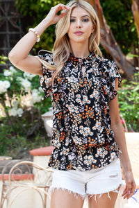 Floral Tie Neck Flutter Sleeve Blouse