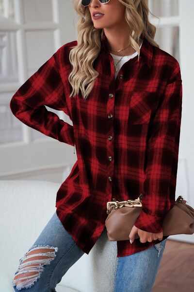 Plaid Button Up Dropped Shoulder Outerwear – product image 1