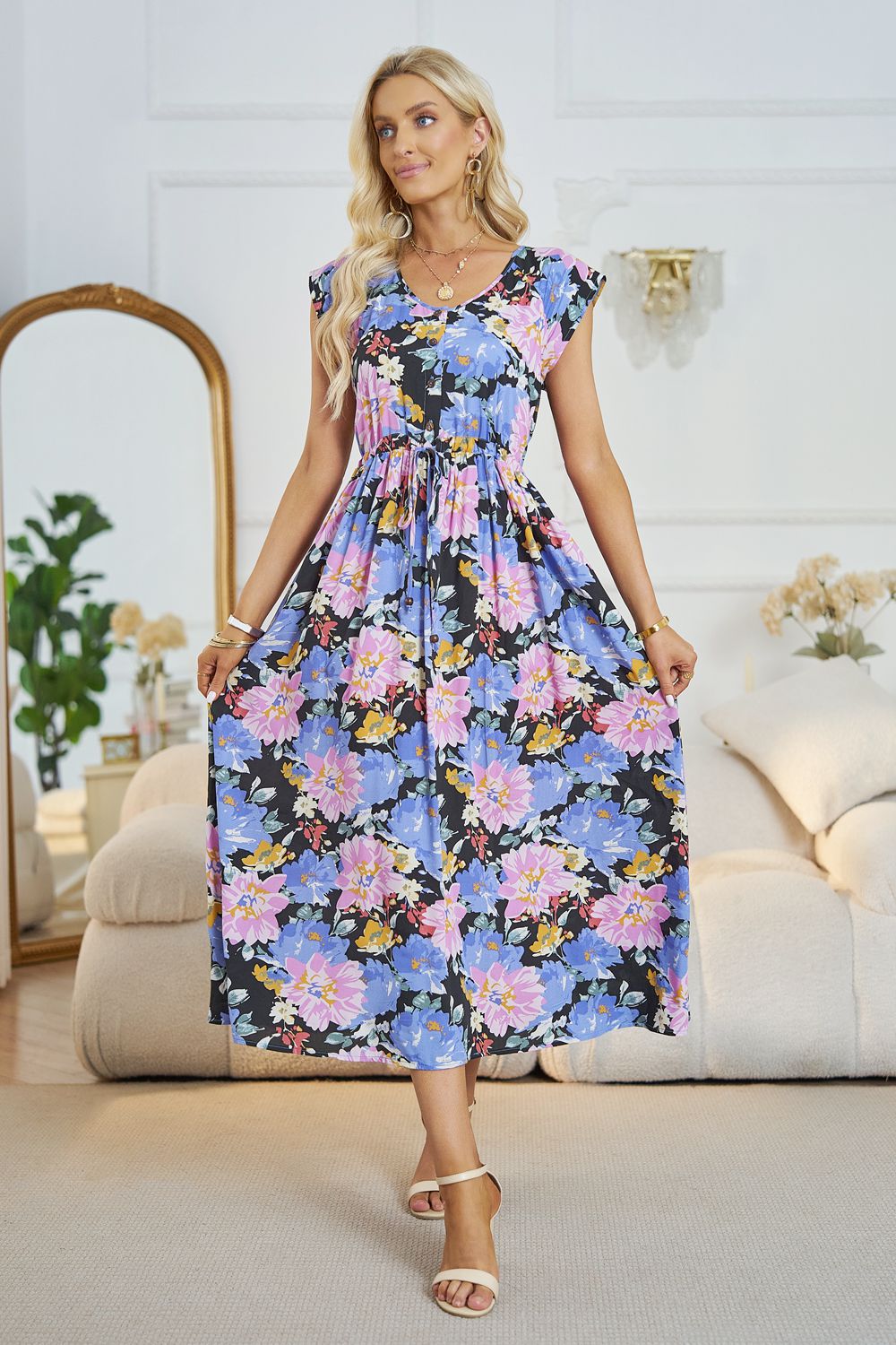 Floral V-Neck A-Line Midi Dress