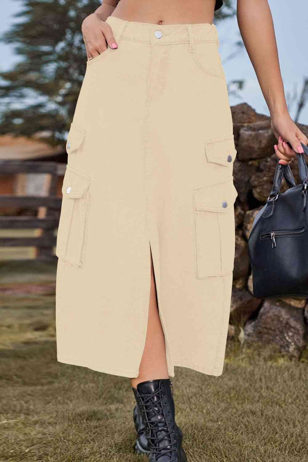 Slit Front Midi Denim Skirt with Pockets – product image 5