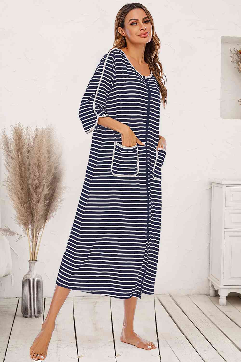 Round Neck Three-Quarter Sleeve Midi Night Dress – product image 1