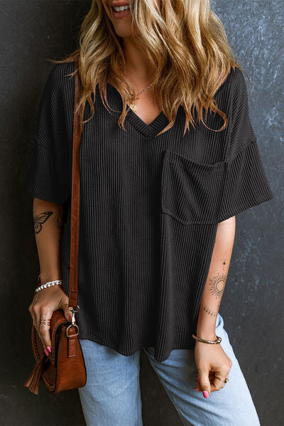 Textured V-Neck Dropped Shoulder T-Shirt – product image 4