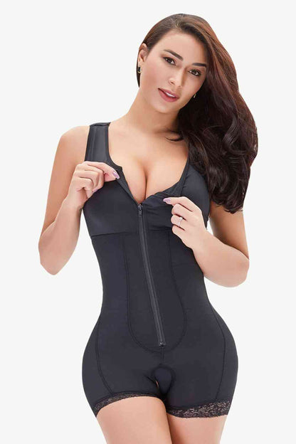 Full Size Zip-Up Scoop Neck Lace Trim Shapewear – product image 4