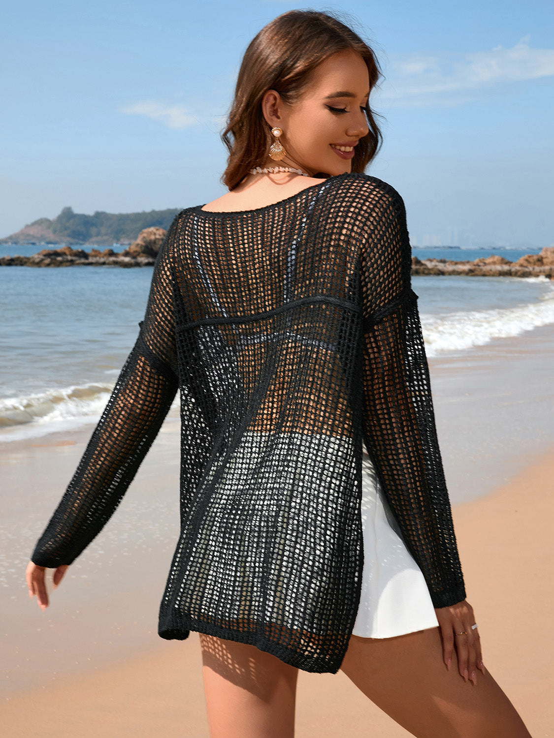 Openwork Slit Boat Neck Long Sleeve Cover-Up – product image 14