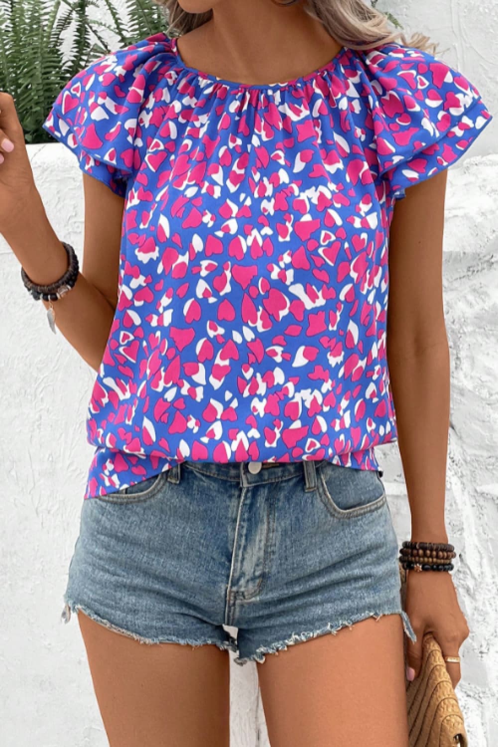 Printed Round Neck Flutter Sleeve Blouse