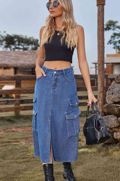 Slit Front Midi Denim Skirt with Pockets – product image 4