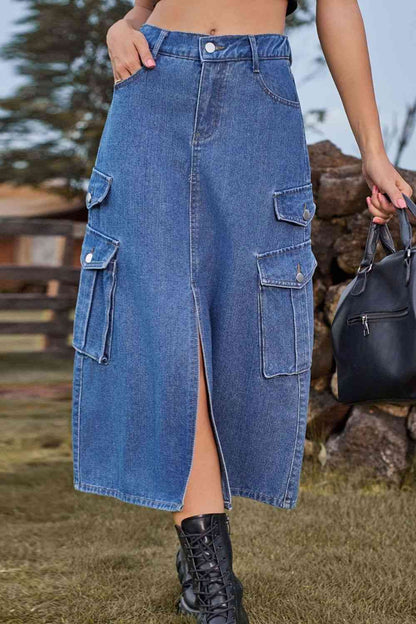 Slit Front Midi Denim Skirt with Pockets – product image 1