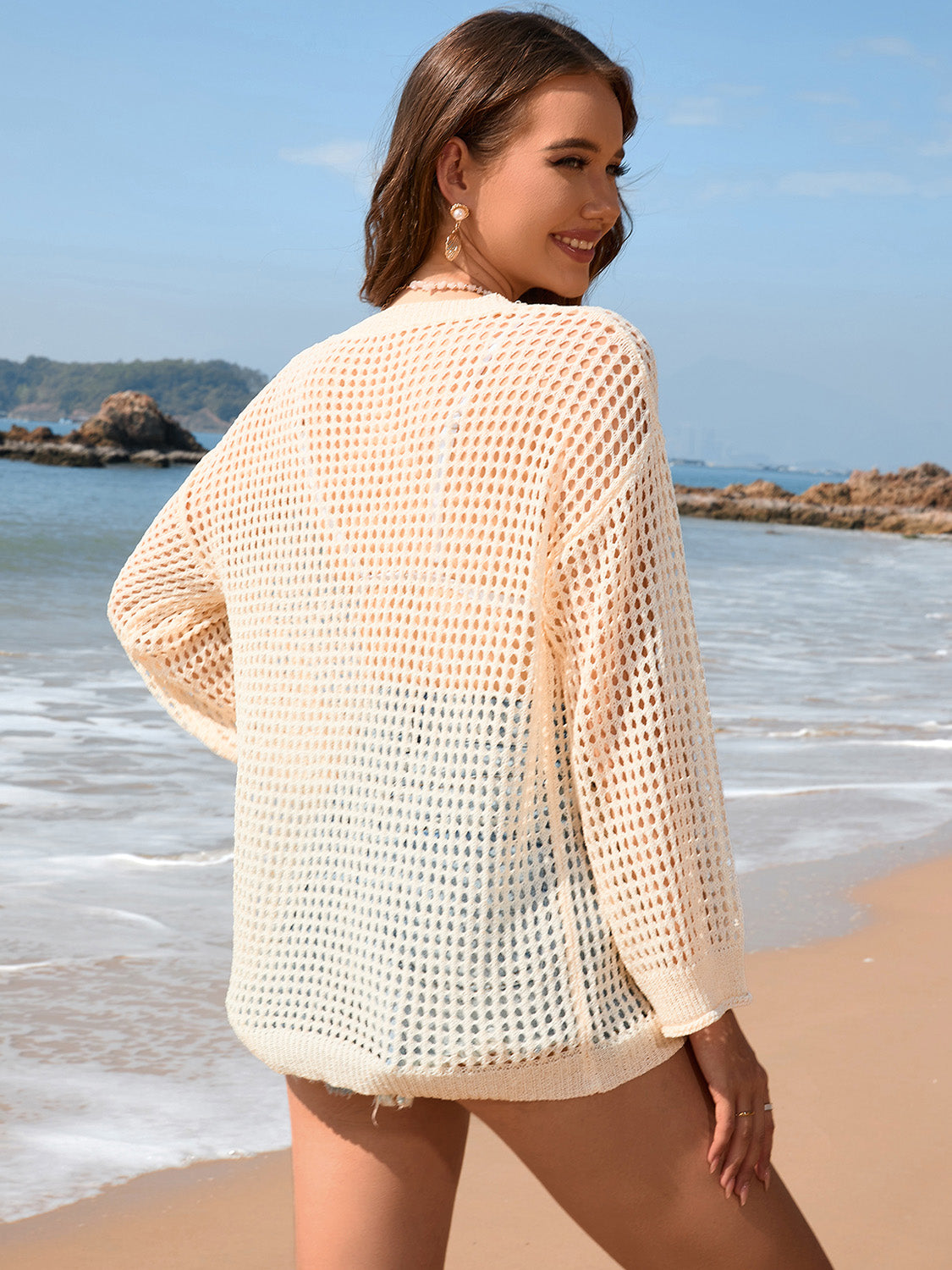 Openwork Dropped Shoulder Long Sleeve Cover-Up – product image 11