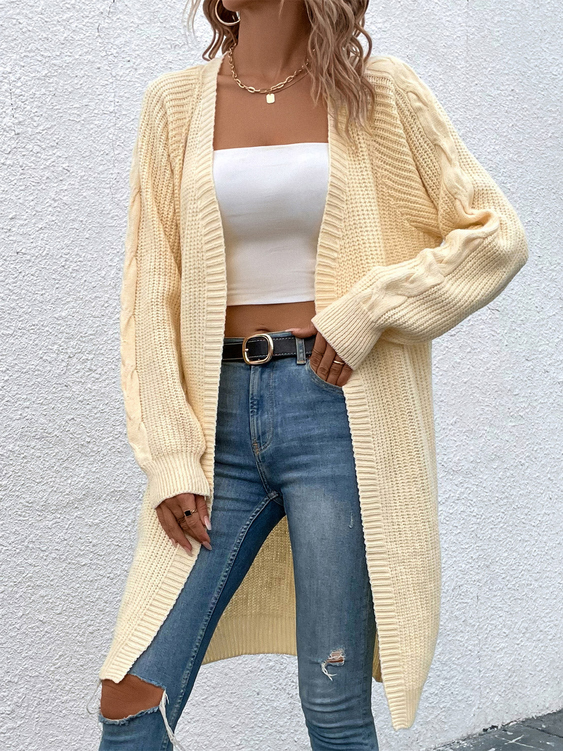 Open Front Cable-Knit Longline Cardigan
