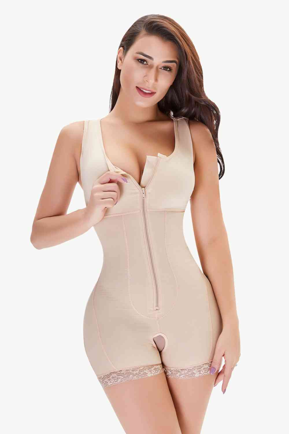 Full Size Zip-Up Scoop Neck Lace Trim Shapewear – product image 1